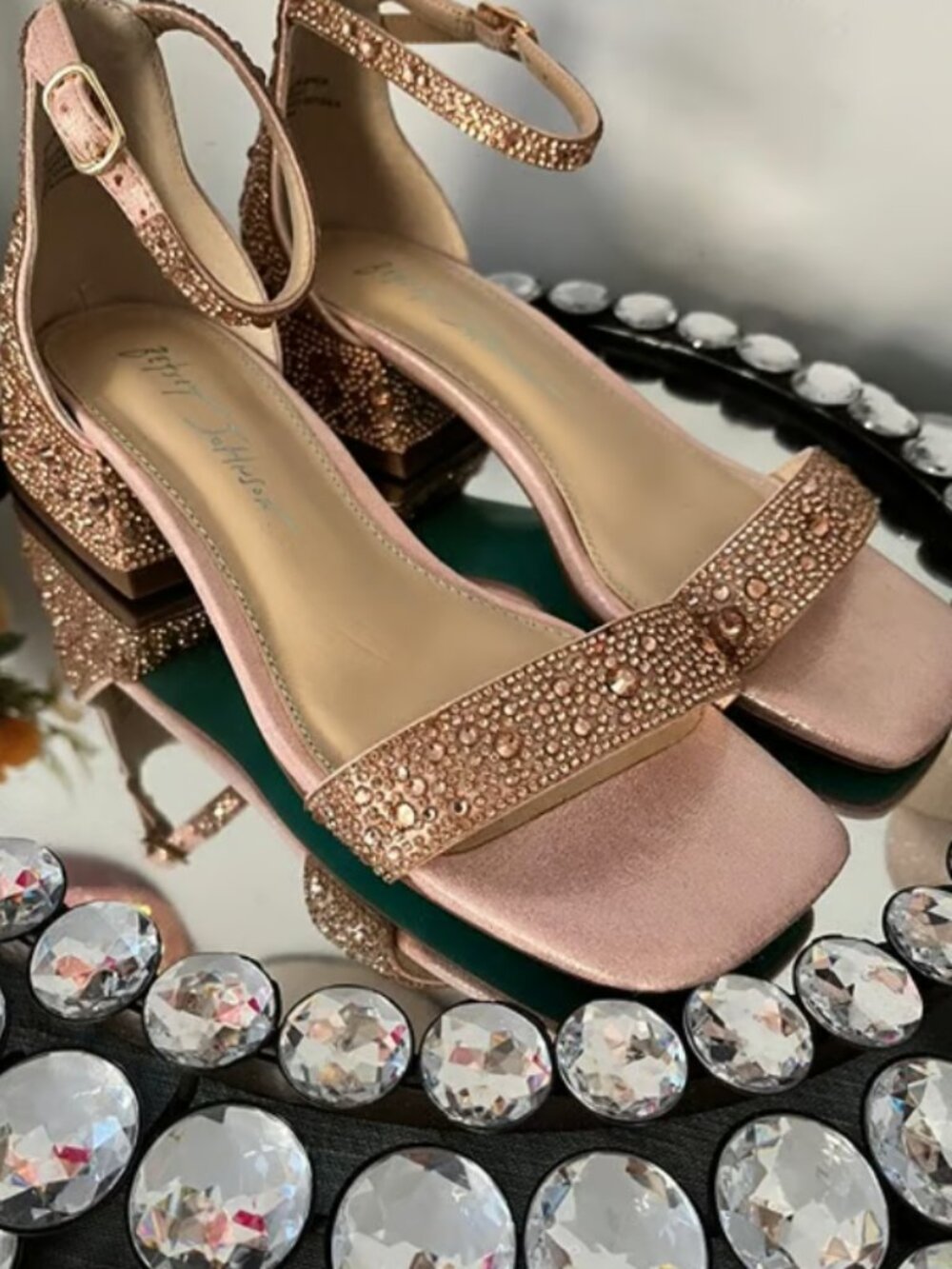 Betsey Johnson Gold Rhinestone Shaye Heeled Sandals Block Heel Homecoming 6M